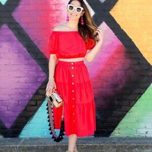 NEW LOFT Outlet Poppy Red Tiered Button Front Midi Skirt Size Large